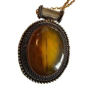 Vintage Amber Brown Stone Oval Pendant encased in Handcrafted? Silver Tone